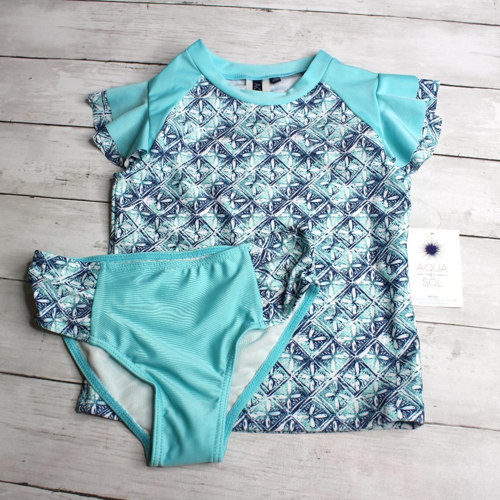 Aqua Et Sol Girl's Rashguard Swimsuit Size 14/16 UPF 50+ 2 Pc